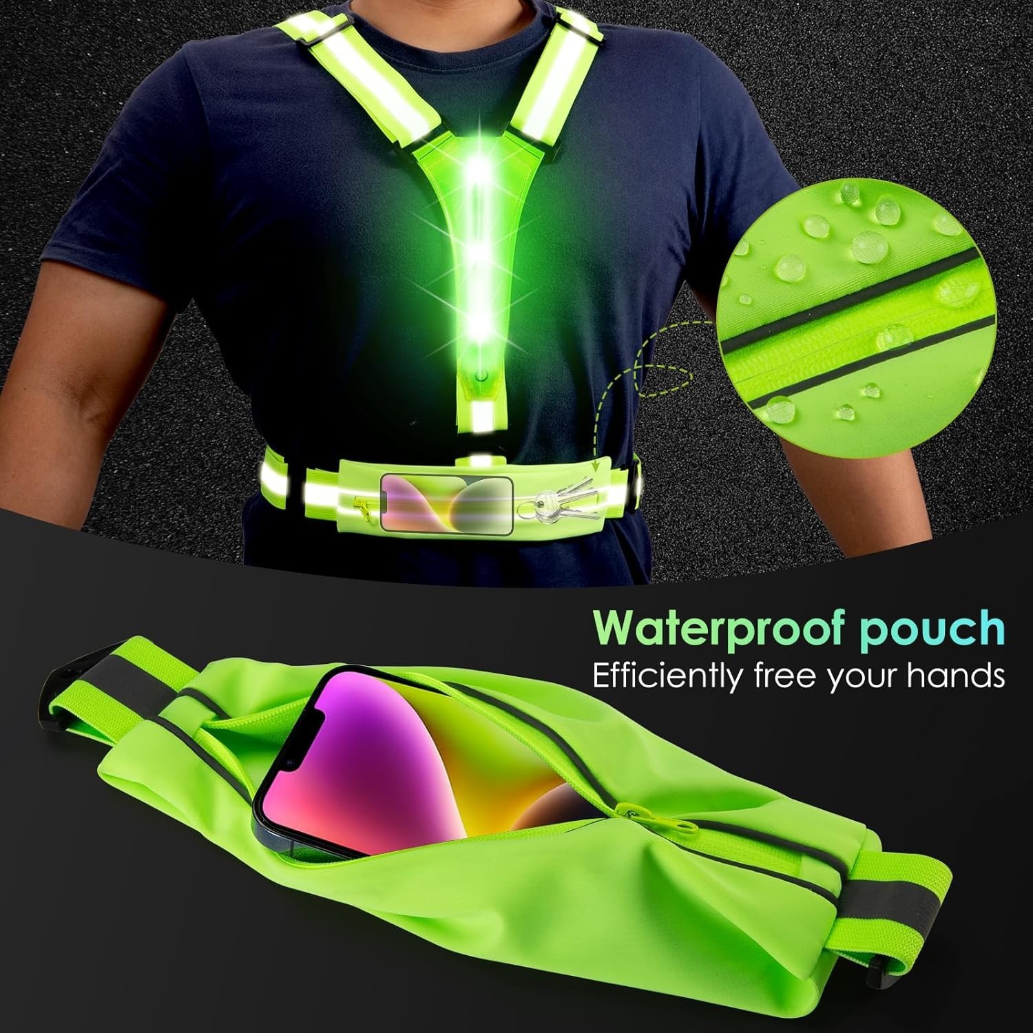 LED Reflective Running Vest Rechargeable Safety Light Up Gear for Walking Biking