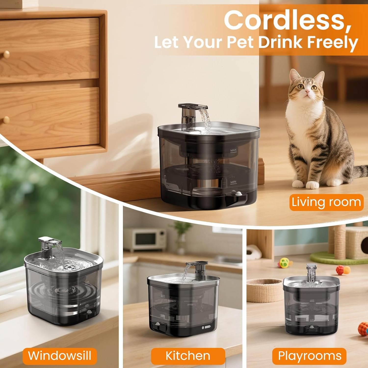 Wireless Cat Water Fountain with External Pump, 5000mAh Battery, Rechargeable