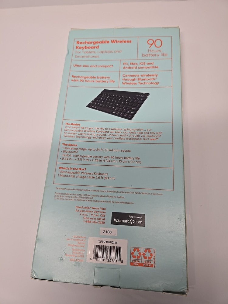 Onn Rechargeable Bluetooth Wireless Keyboard, Apple & Android Tablets Phones