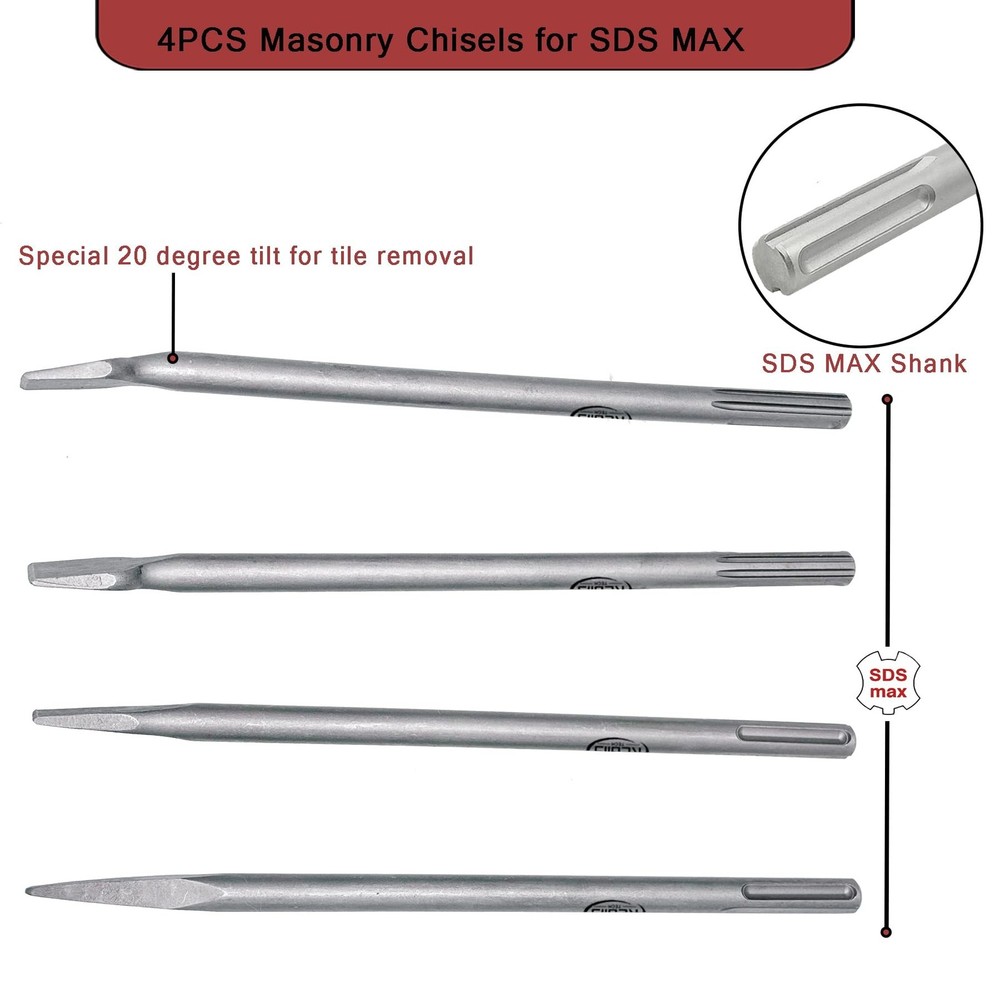 4 pcs SDS MAX 15.7 inch Chisel Set, Masonry Concrete Drill Bit Set, Tile Remo...