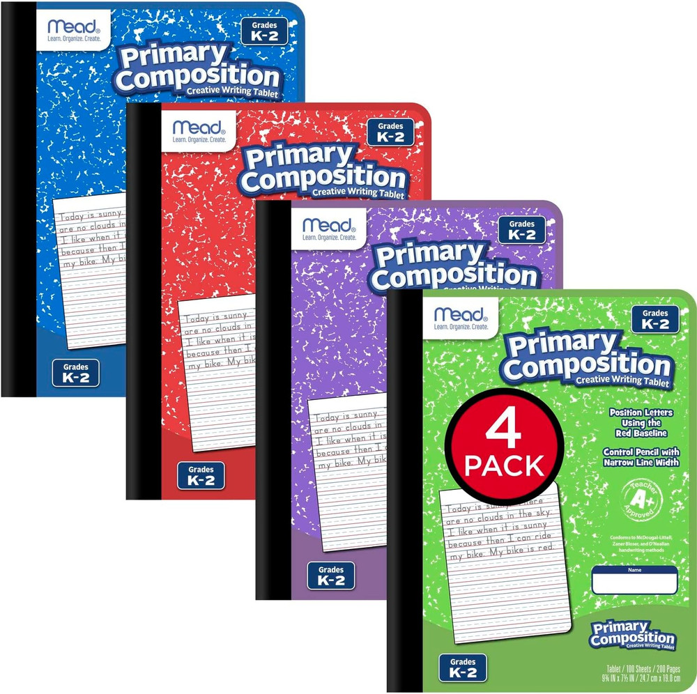 Primary Composition Books, 4 Pack, K-2, 100 Sheets, Assorted Colors