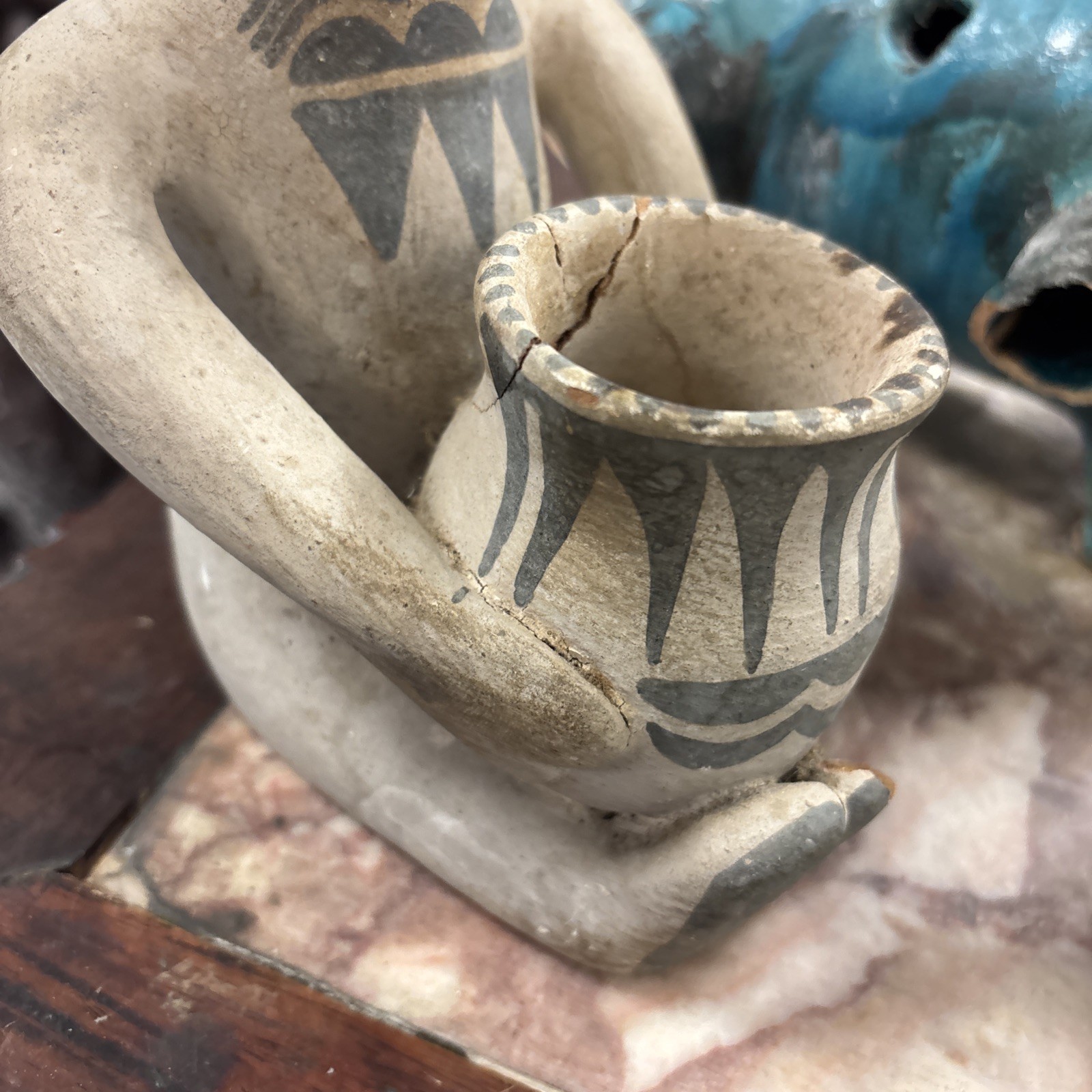 Late 1800s - Very Early 1900s Tesuque Pueblo Pottery Rain God 2 Pieces