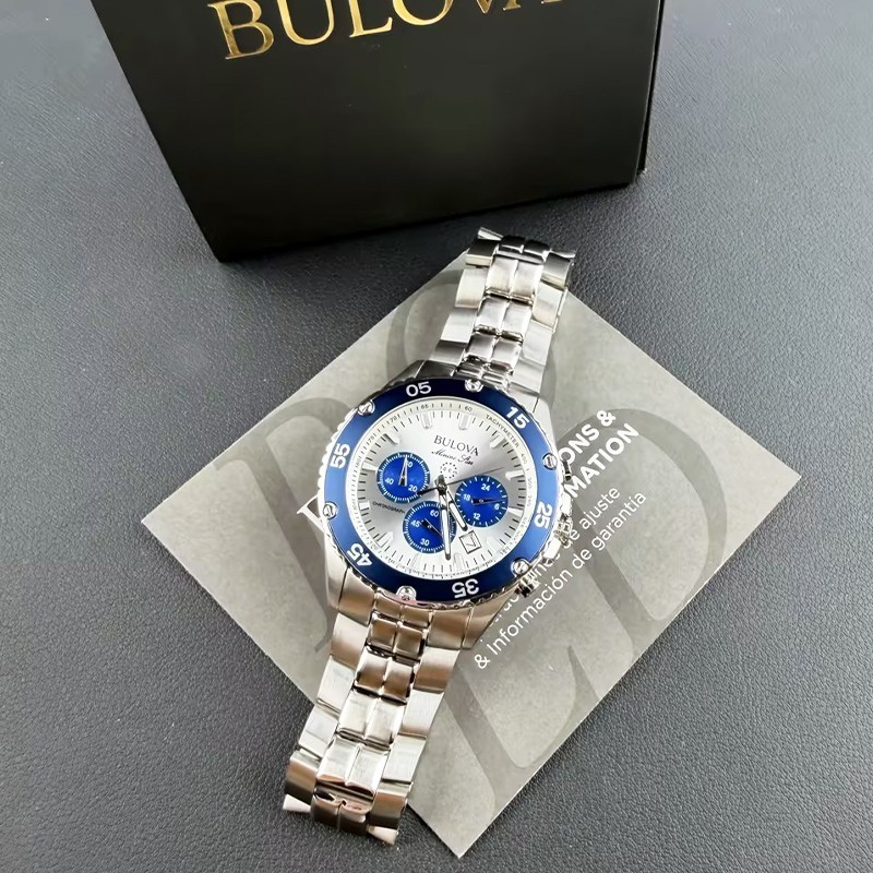 Men Bulova Marine Star White/Blue Dial Chronograph 98B423 Quartz Watch 41.5mm