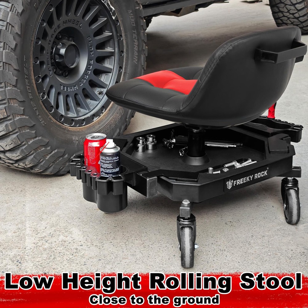 FREEKYROCK Rolling Stool with Wheels, Adjustable Height Pneumatic Garage Work