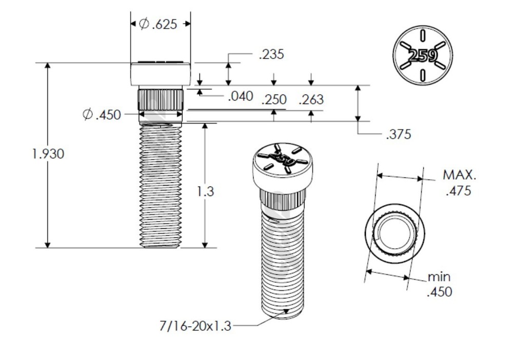 CPP 610-259 7/16-20 Serrated Wheel Stud Front and Rear Pack 24
