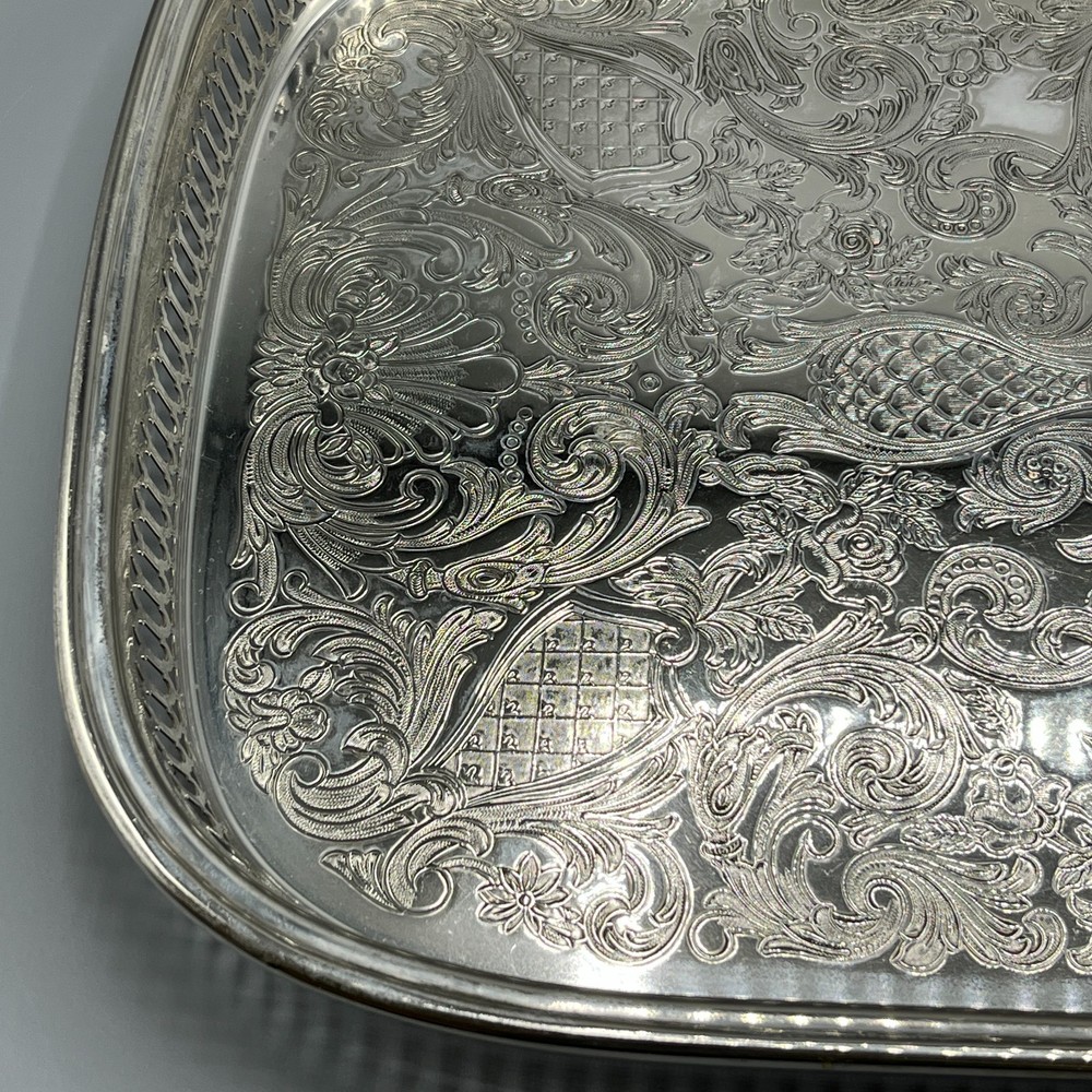 Large Vintage Silver Plated Rectangular Gallery Tray Footed Long Cocktail Drinks