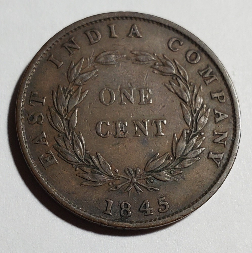 **NICE CONDITION** 1845 STRAITS SETTLEMENTS ONE CENT KM-3 ONE YEAR TYPE VICTORIA