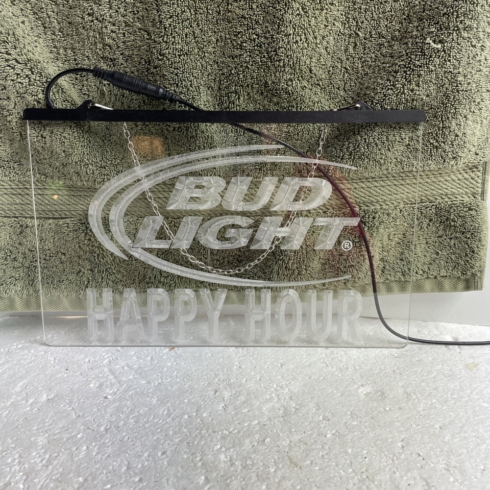 Bud Light Happy Hour Acrylic Sign Etched Hangs From A Chain LIGHT DOES NOT WORK