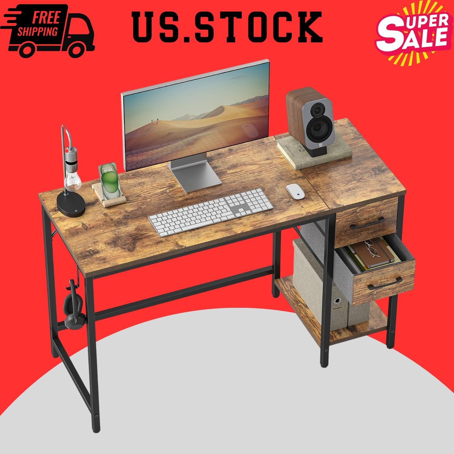40 Inch Small Desk with 2 Drawers: Writing & Study Table for Home Office