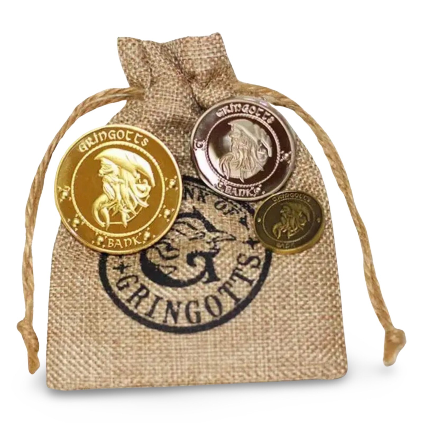 Harry Potter Gringotts Bank Wizarding World Galleons in Burlap Sack 3 Coins