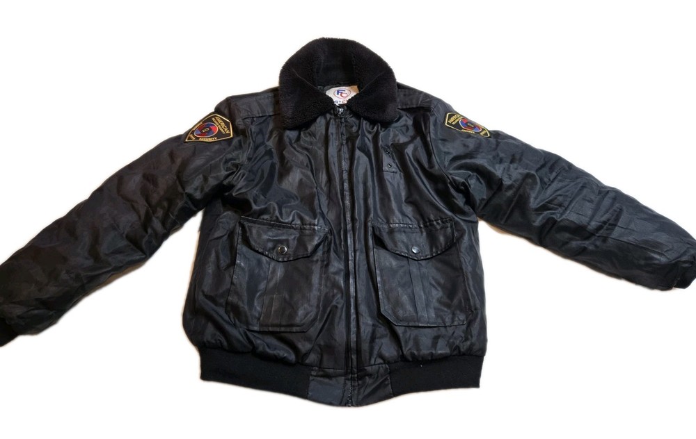 Vintage Security Bomber Jacket Black Quilted Puffy First Class M USA Patch
