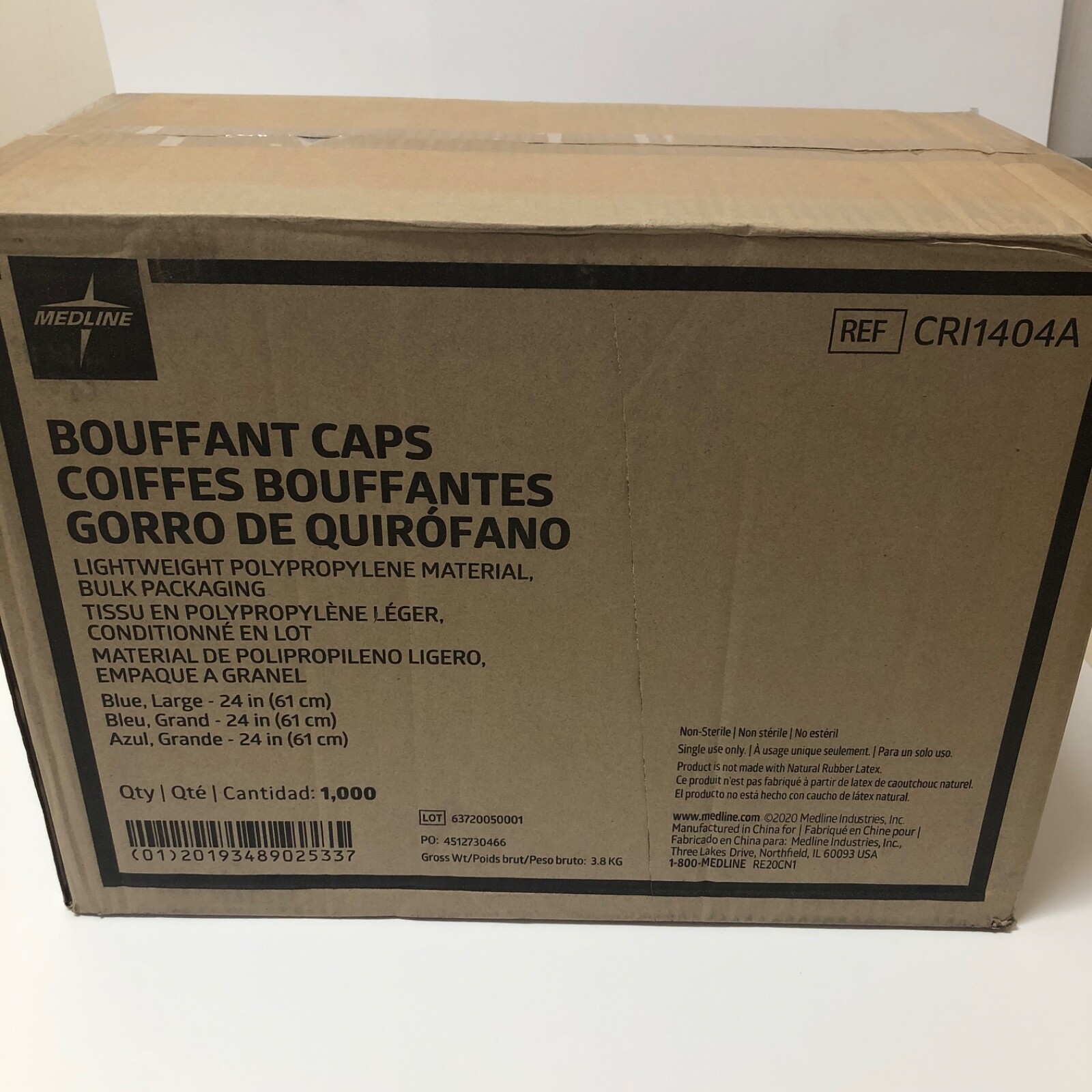 1000 Case - Medline 24" Blue Bouffant Cap Non Woven Disposable Hairnet CRI1404A