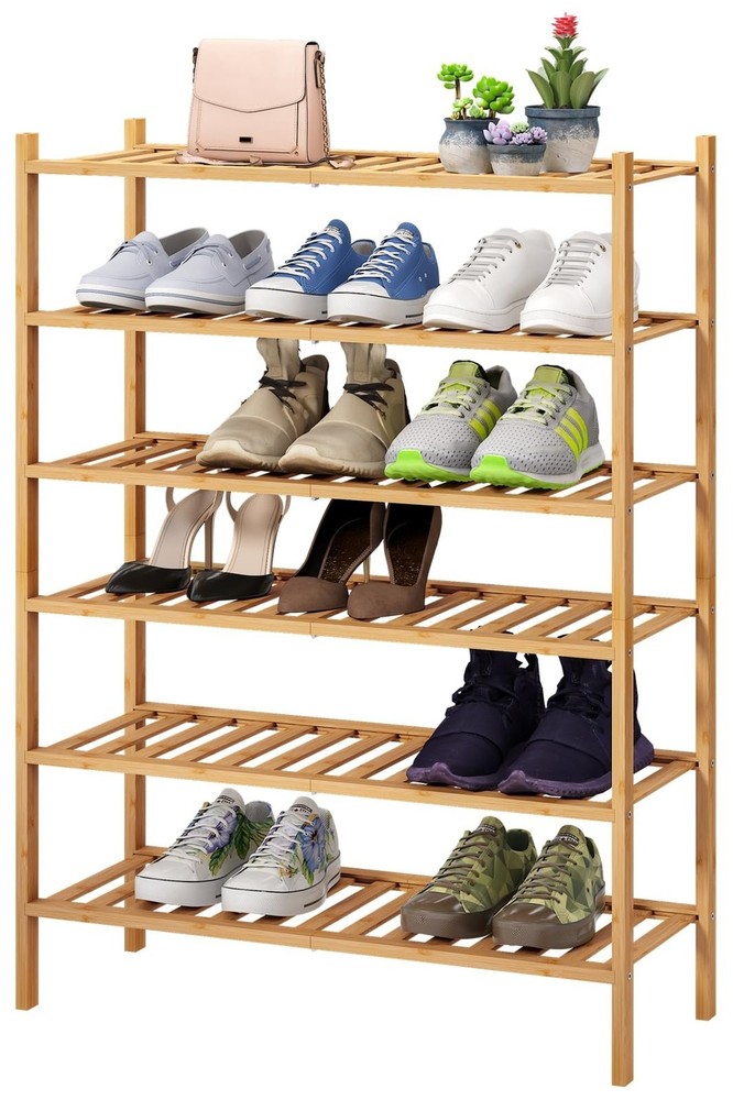 6-Tier Bamboo Shoe Rack for Entryway, Stackable | Foldable | Natural, Shoe Or...