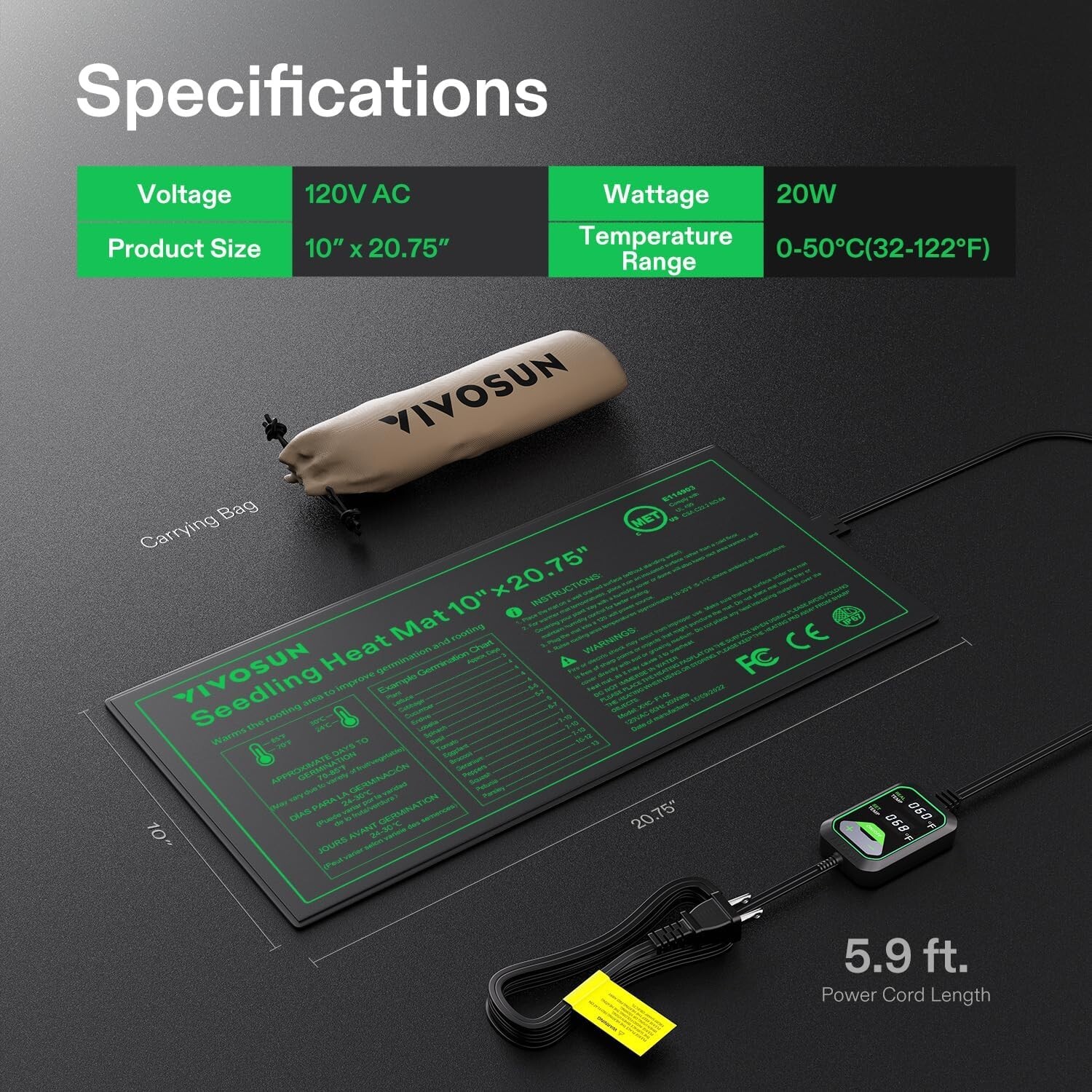 VIVOSUN 10"x20.75"Seedling Heat Mat w/Built-in Temperature Controller,Waterproof