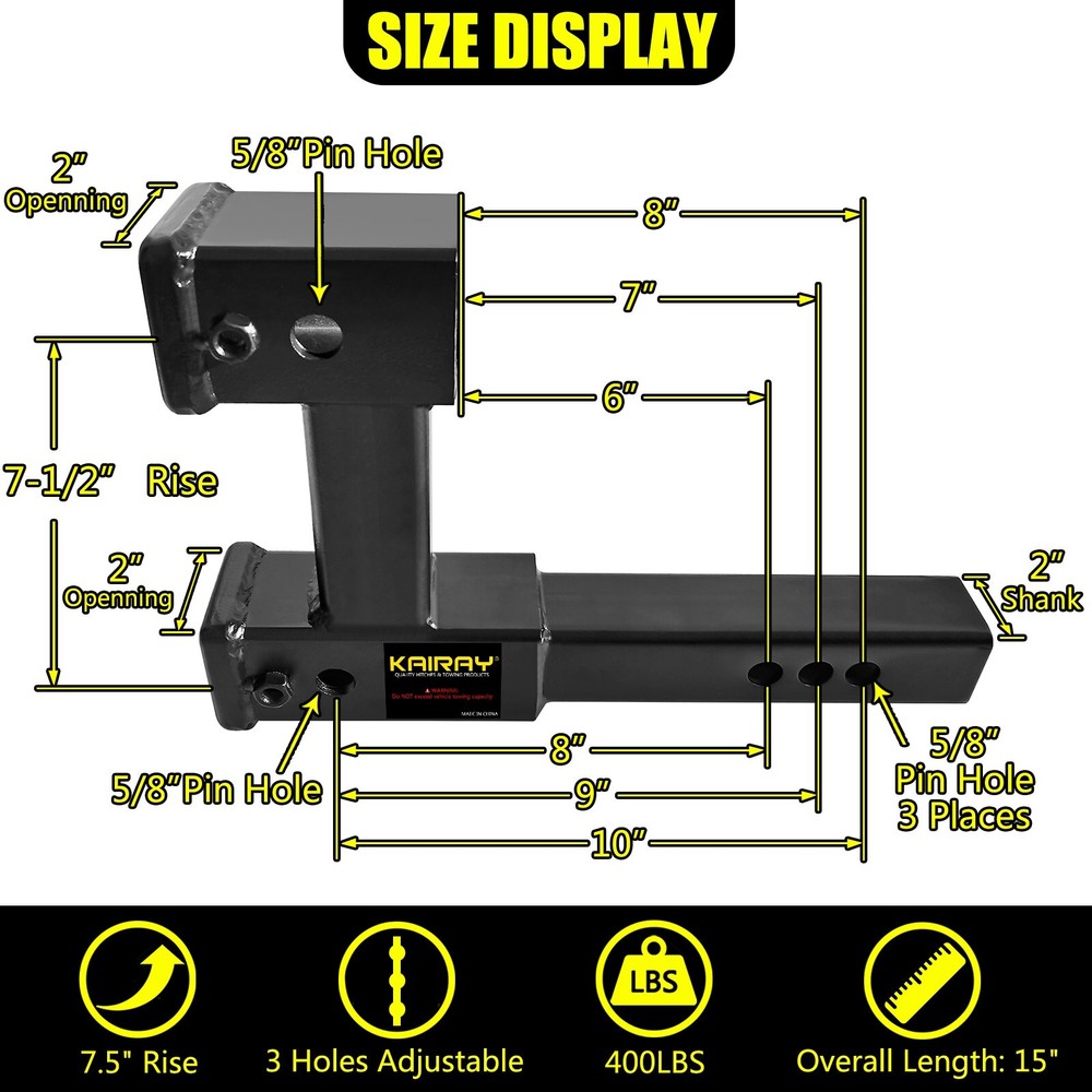 Double Hitch Receiver 2" Trailer Dual Hitch Extension Riser Adapter Extender