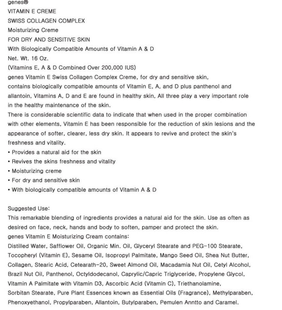 Genes Vitamin E Creme 16-OZ Collagen Complex Moisturizing Creme for Dry and Sens