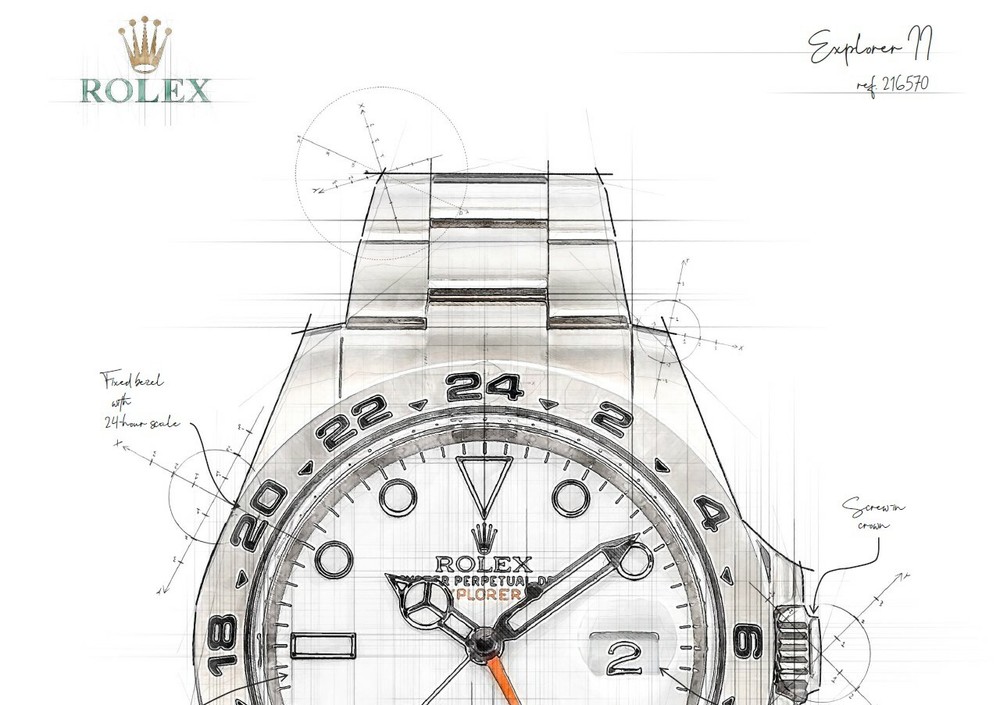 Rolex Explorer II watch technical drawing illustration artwork - Print