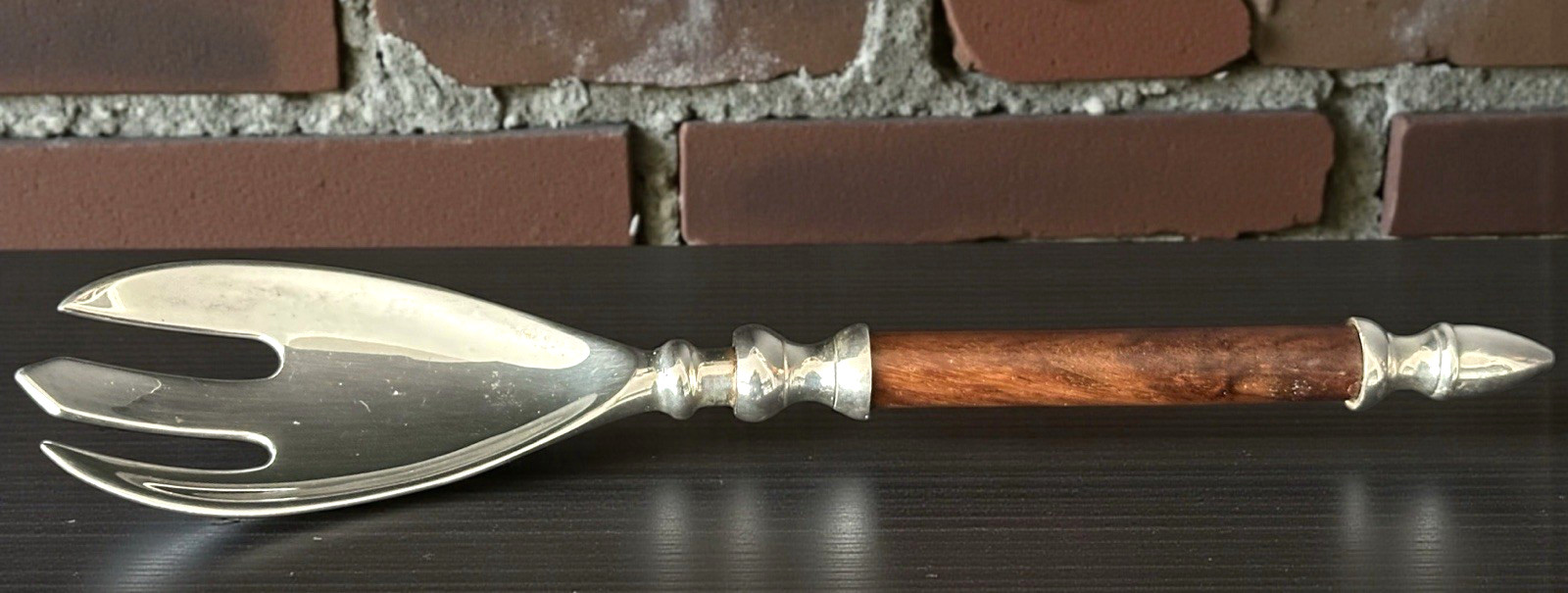 Large Silver-plated Serving Fork with Wooden Handle and Silver Finial Vintage