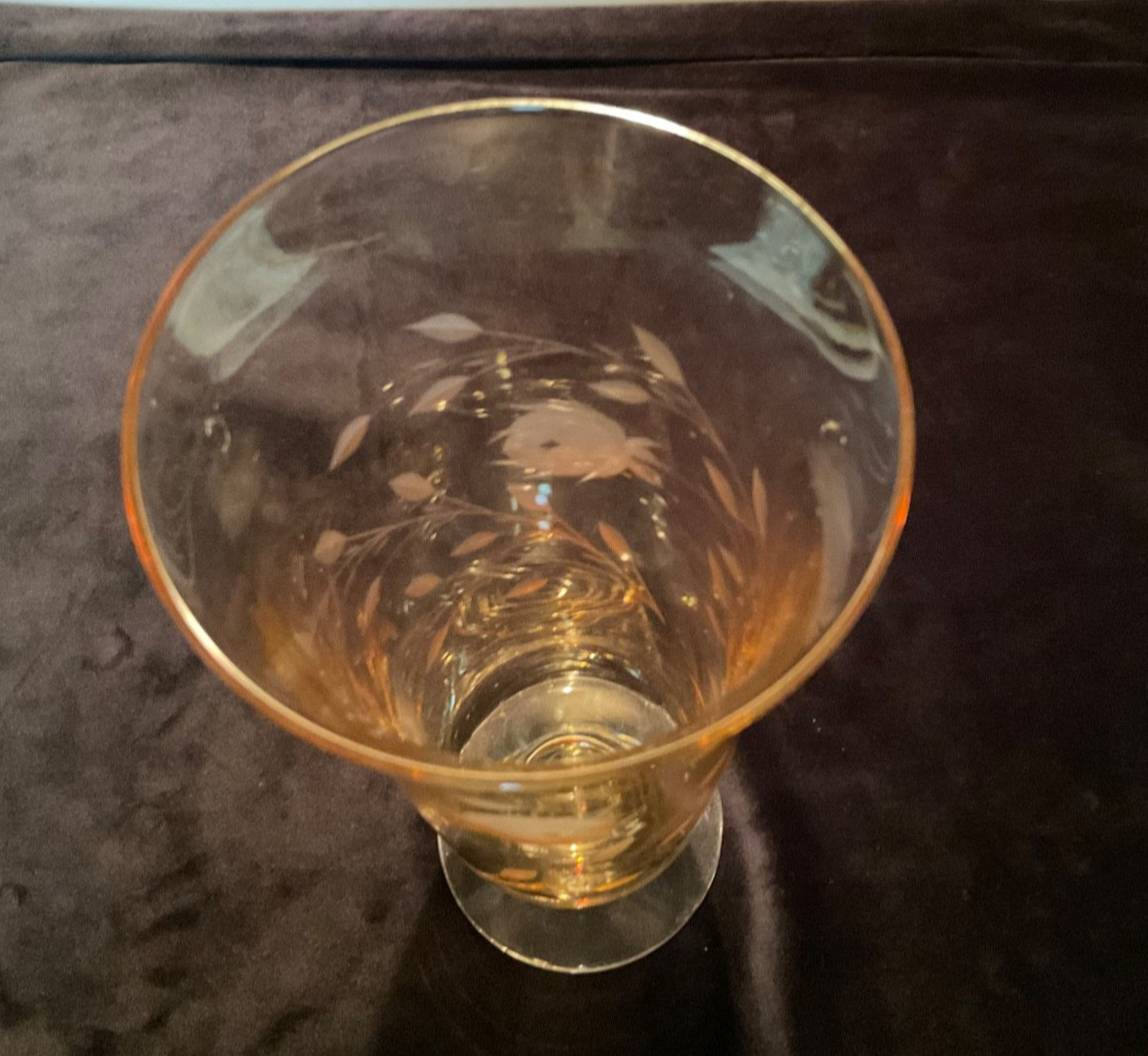 Vintage Amber Etched Art Glass Footed Vase. Vines and Flowers. 10”