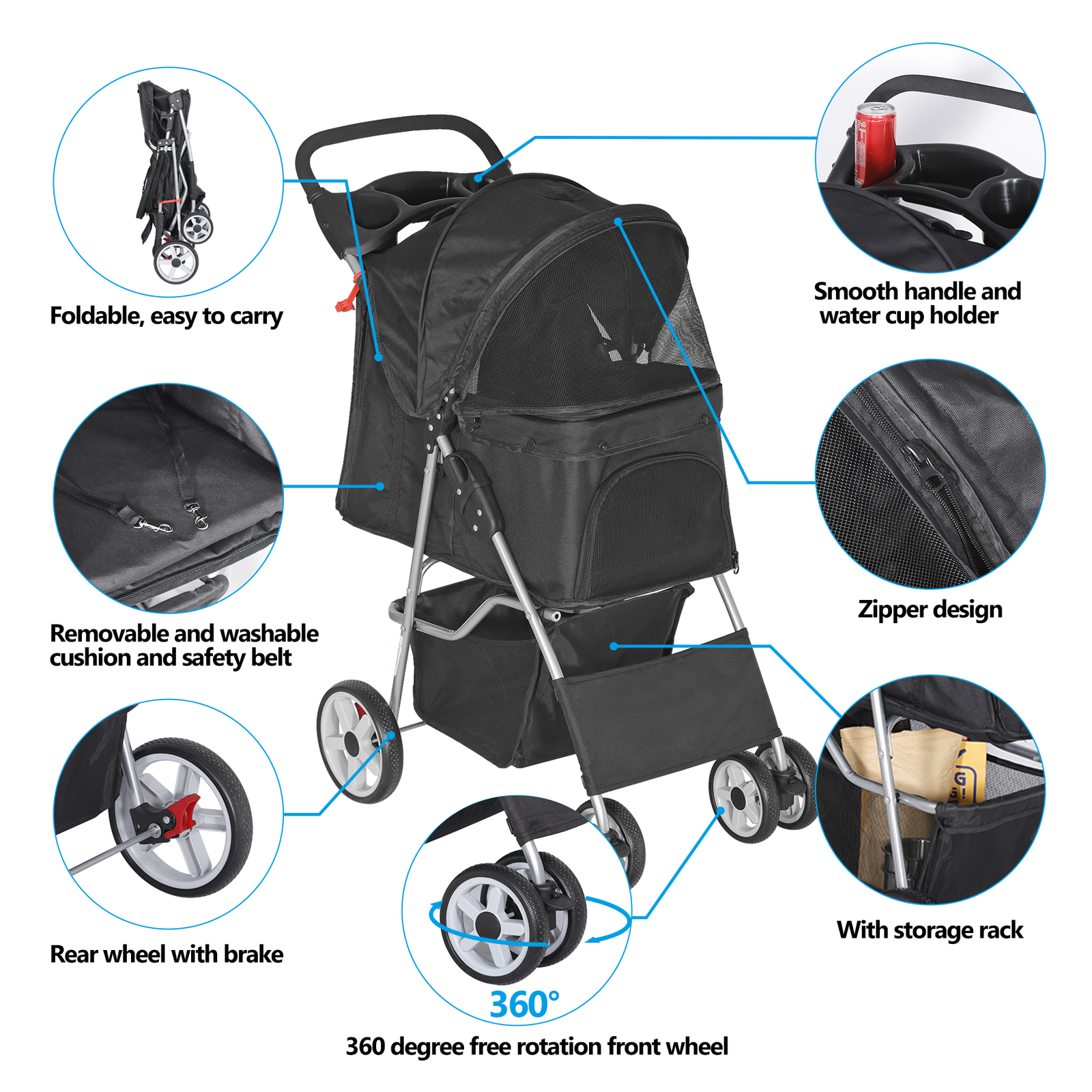 Durable Foldable Dog Stroller Pet Travel Carriage for Pets with Carrier Cart