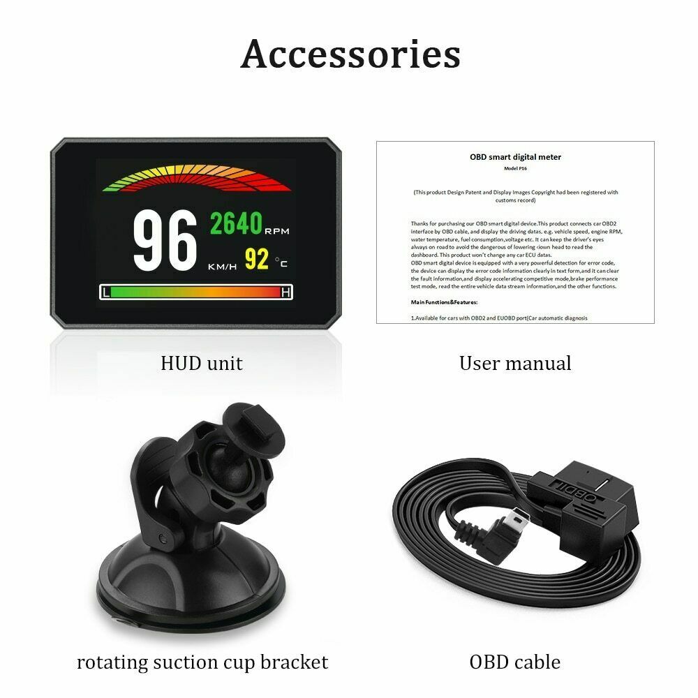 P16 Car HUD Head Up Speed Display Digital OBD2 Speedometer Windshield Projector