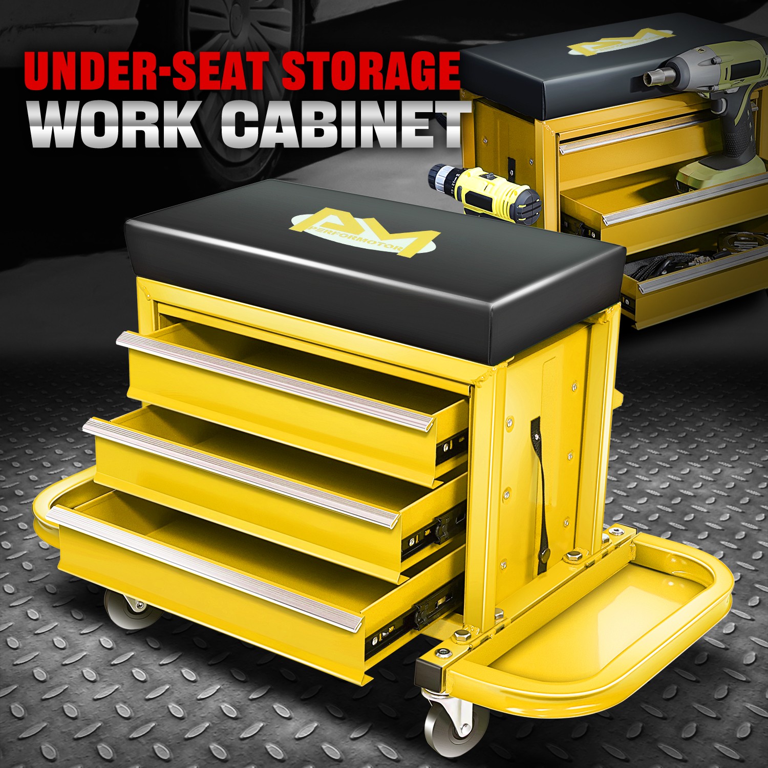 Mechanics Roller Work Seat w/ 3-Drawer Tool Box Storage Tray Padded Stool Yellow
