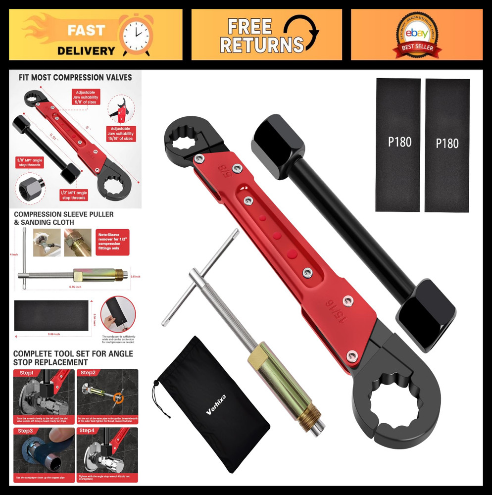 6-Piece Plumbing Tool Set - Angle Stop Wrench, Compression Sleeve Puller, Sandpa