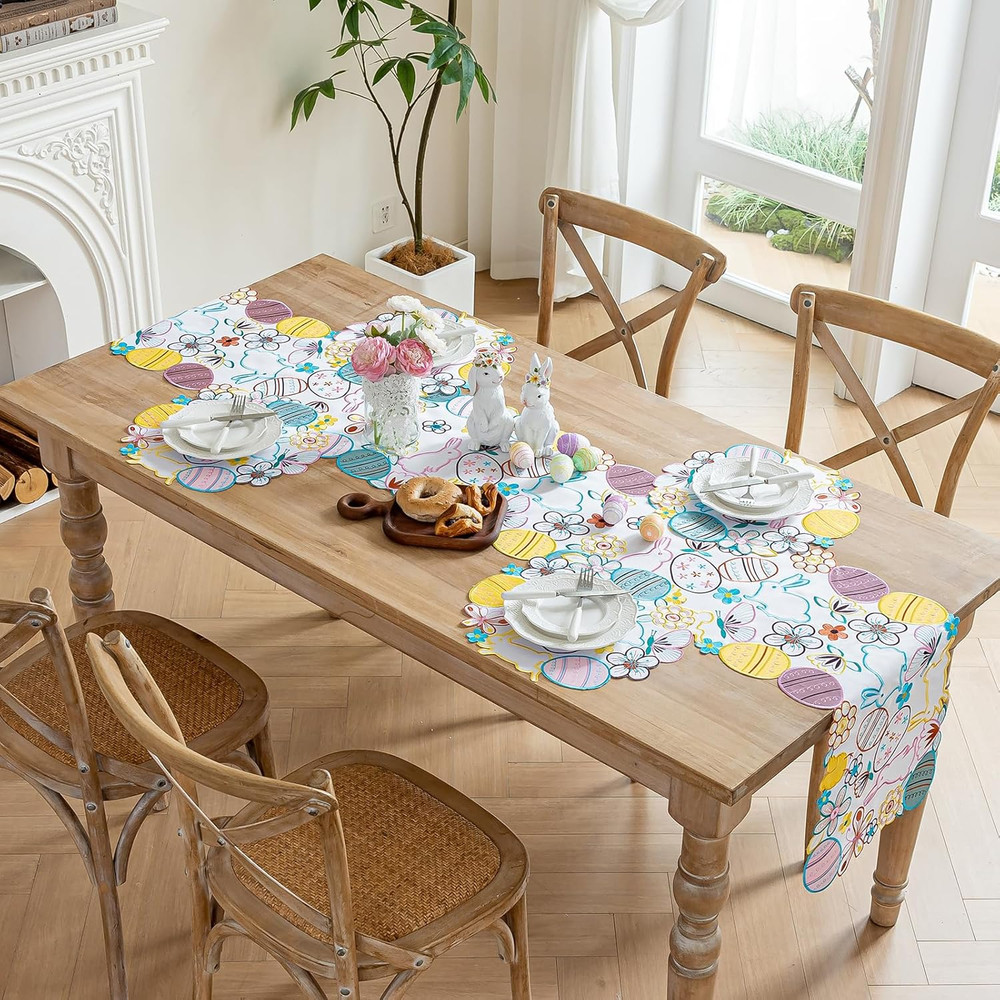 Easter Bunny Eggs Table Runner, Spring Flowers Butterfly Table Runners, Cutwork