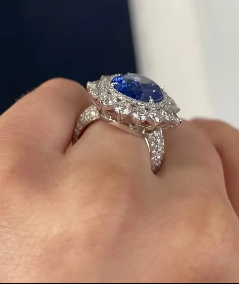 6.00 Ct Natural Sapphire Diamond Engagement Wedding Ring 14K White Gold Size 6