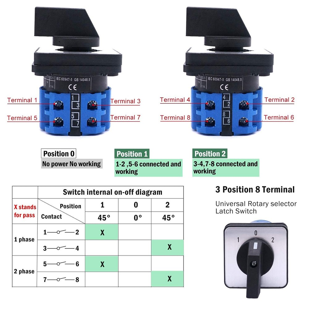 Changeover Switch 3 Position Selector Switch 8 Terminals 20A 550V Universal L...