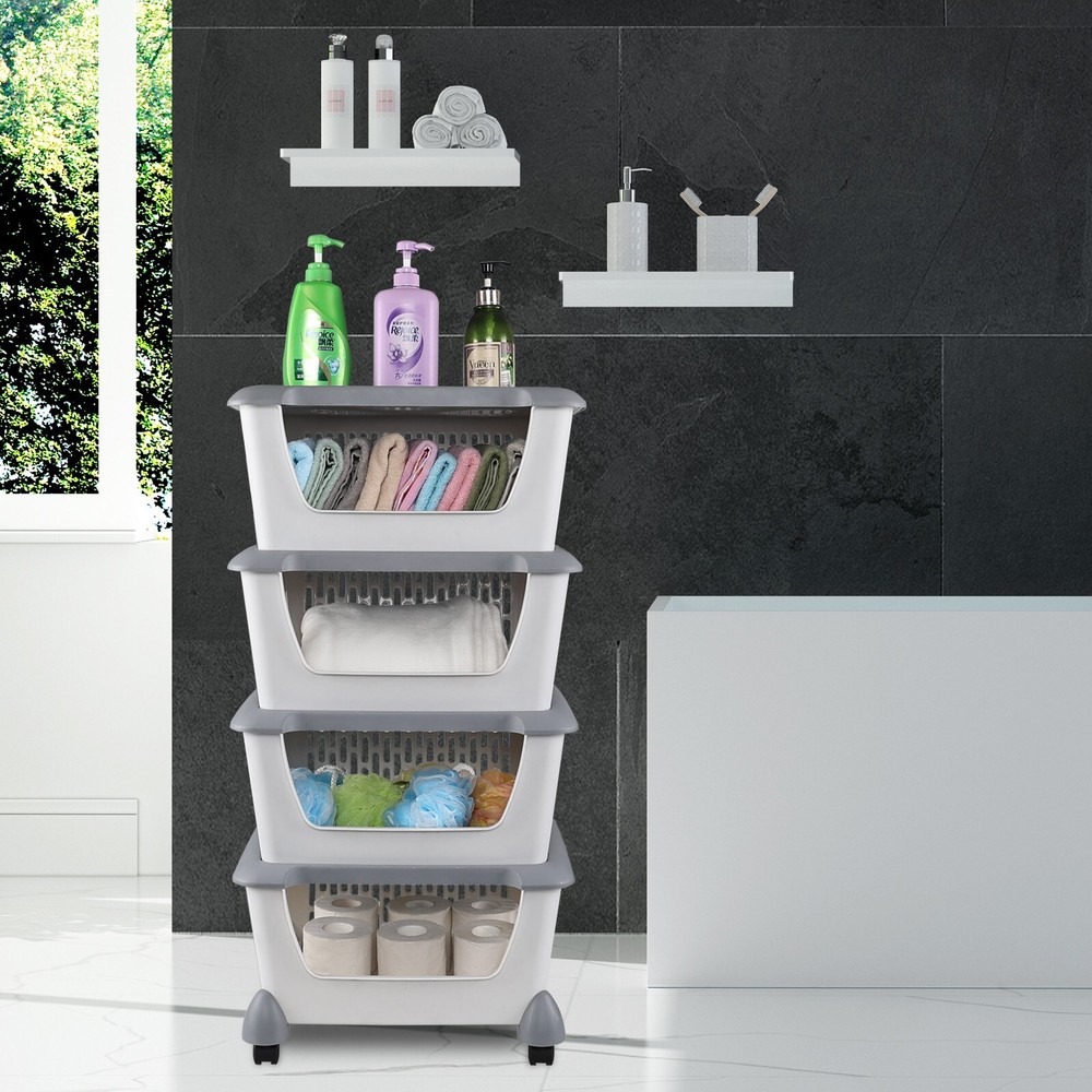Idotry 4-Packs Plastic Stackable Storage Bins - Large Storage Basket with Wheels