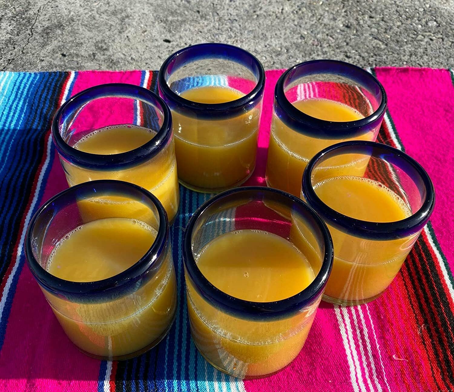 Hand Blown Mexican Drinking Glasses – Set of 6 Tumbler Glasses with Cobalt...