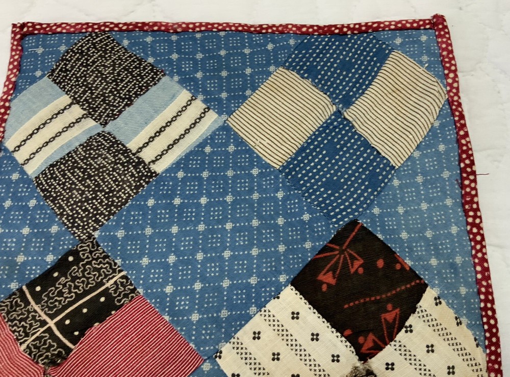 Vintage Antique Patchwork Quilt Table Topper, Four Patch, Blue, Multi