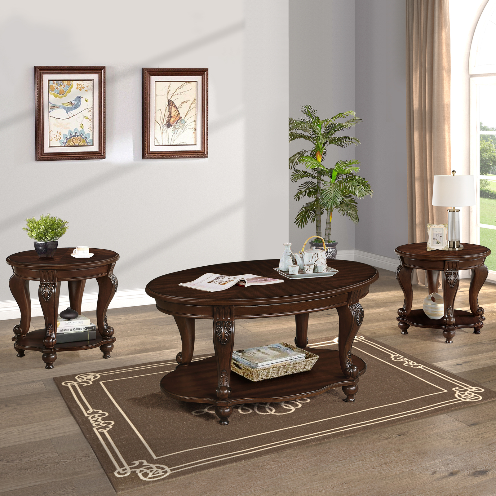 3 Pieces Table Set, Oval Coffee Table and 2 Round End Tables w/2 Tiers Storage
