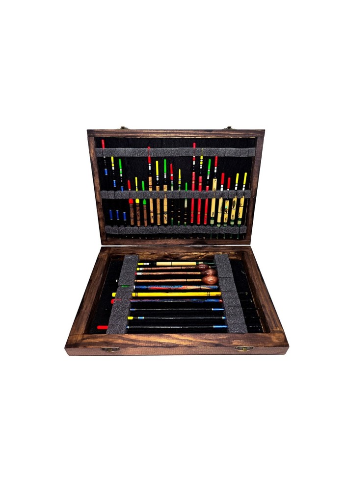 Handmade Float Box + 30 Handmade Floats. Woodburnt Tench Float Box