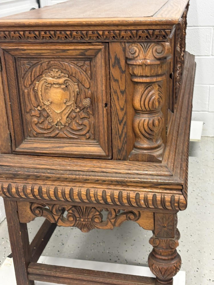 Antique hand carved oak buffet sideboard 74.5 inches long - solid & beaufiful