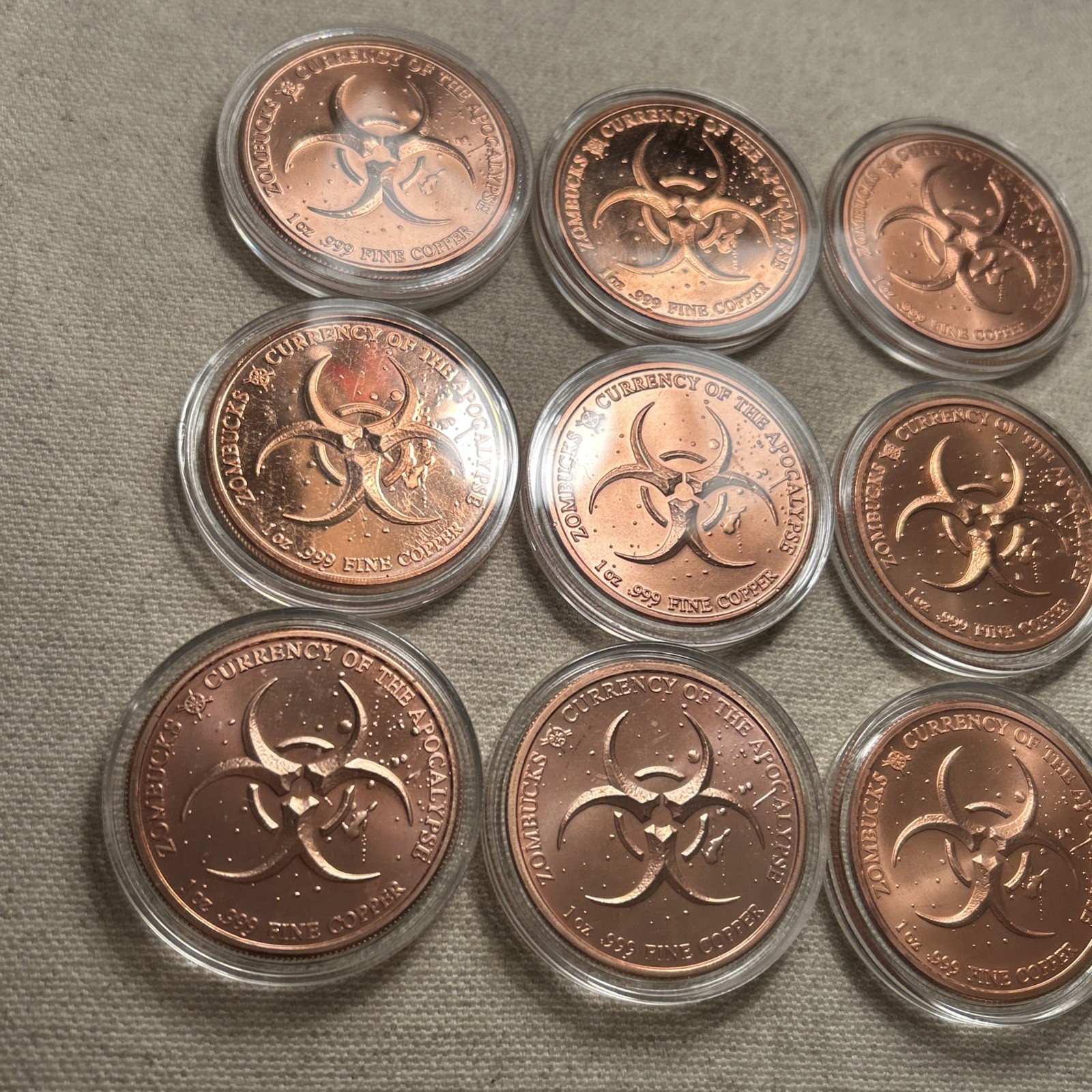 Set Of 9 Zombucks 1 oz Copper Rounds