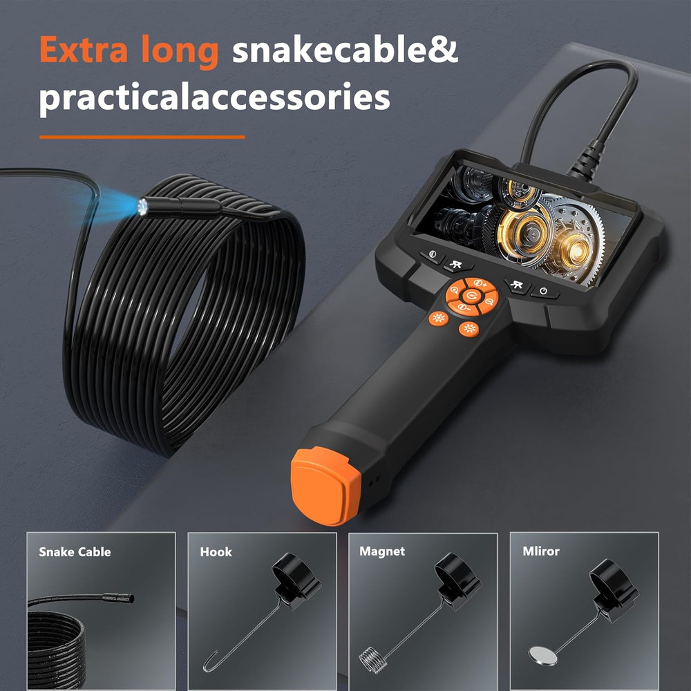 Endoscope Camera with Light, 1080P HD Borescope with 8 Adjustable Lights, 4.3" E