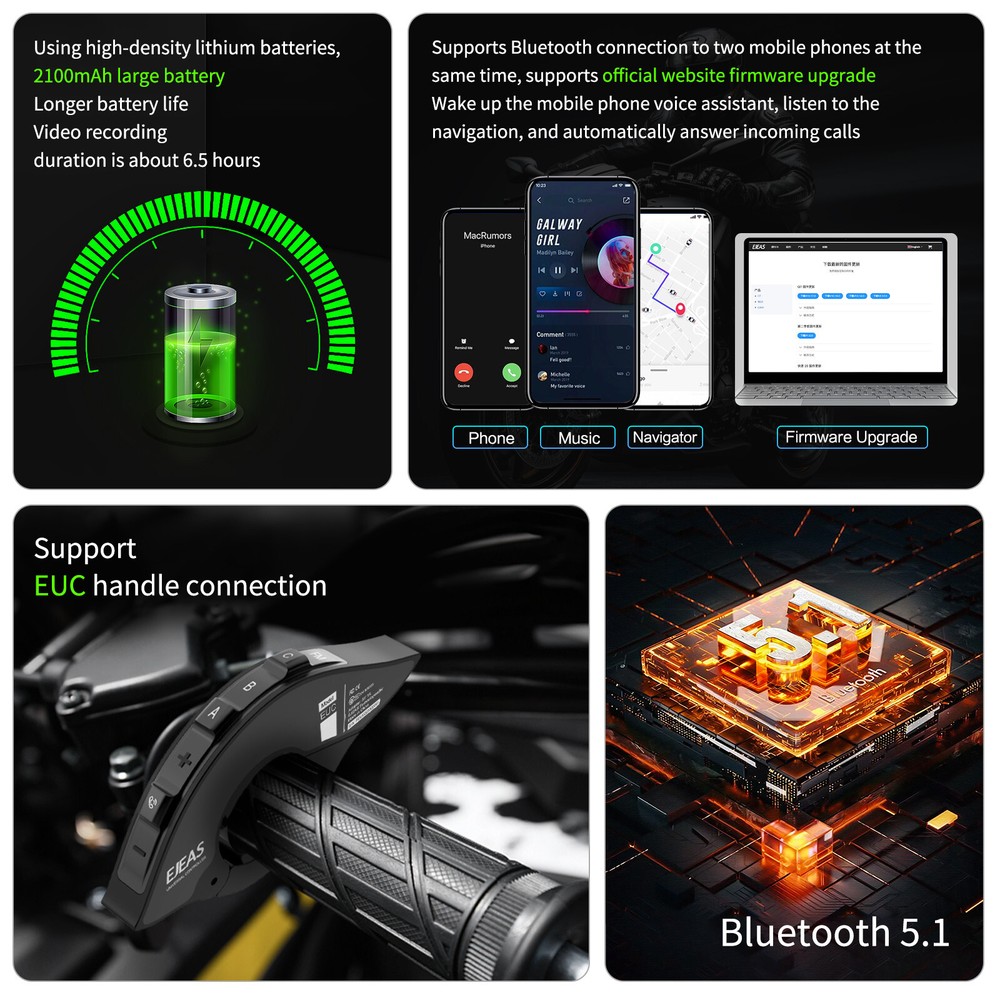 Auto Reconnect Motorcycle Bluetooth Intercom Headset Camera Recorder Waterproof