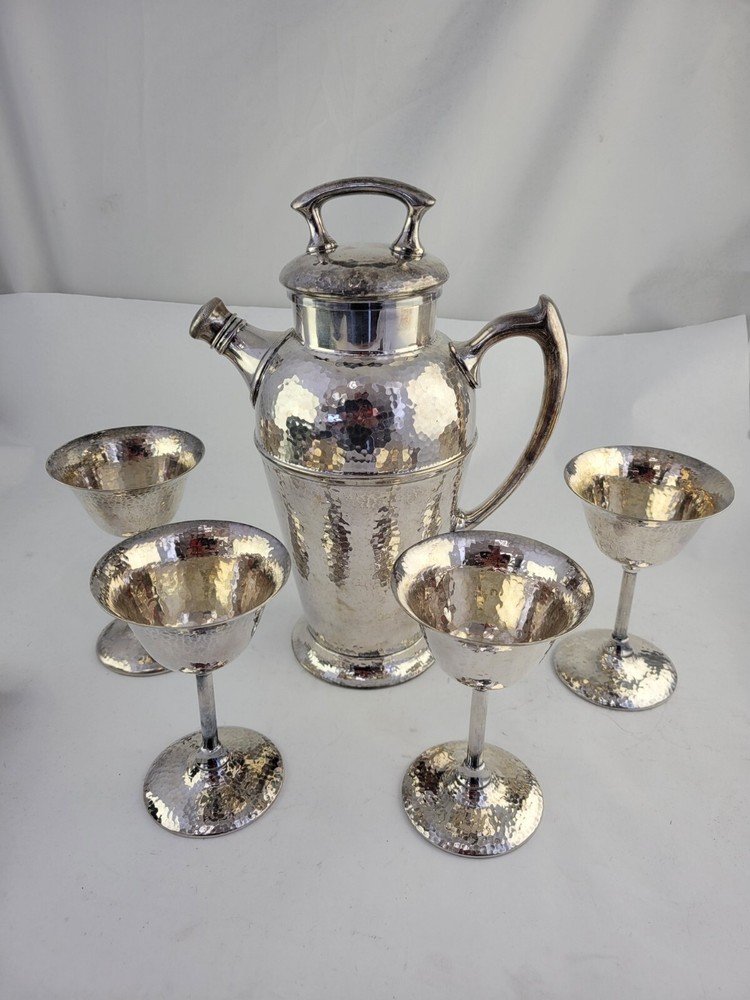 5pc Deco Hand Hammerd Cocktail Set EPCA Silver Plate by Poole Silver Co. 7900