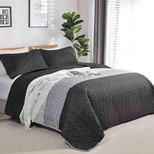 Quilt Set Queen Full Size 3 Pcs, Grey & Black Gray White Patchwork Stripe