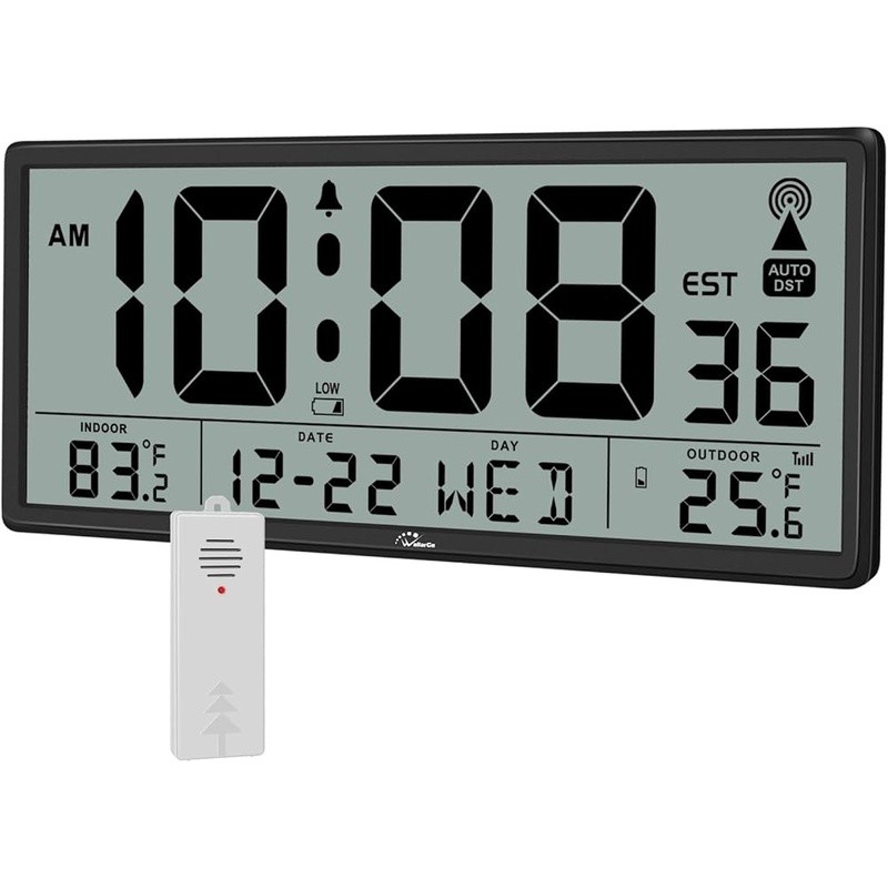 Large Atomic Clock Indoor Outdoor Temperature Digital Display Battery Powered US