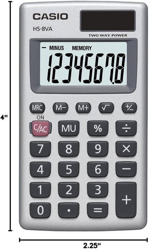 Casio HS-8VA Mini 6-Function Calculator | Large 8-Digit LCD Display |Solar Power