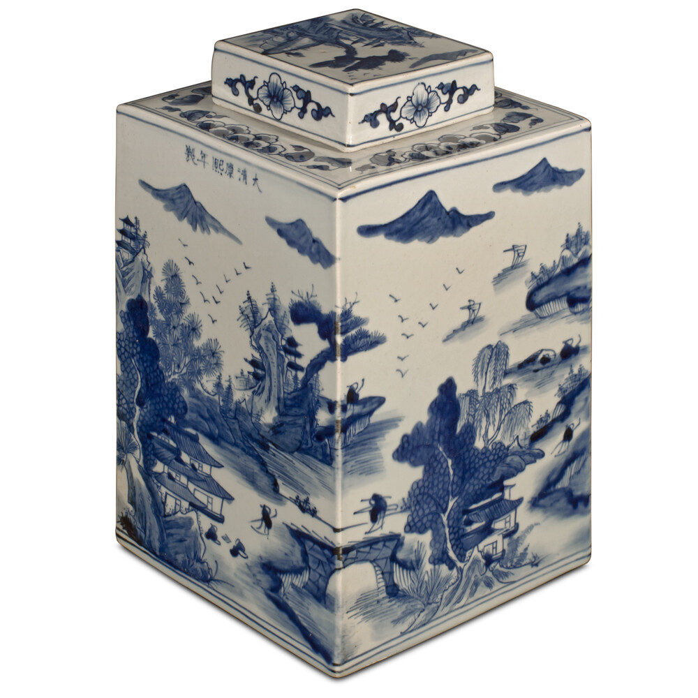 US Seller - Blue and White Porcelain Scenery Chinese Tea Jar