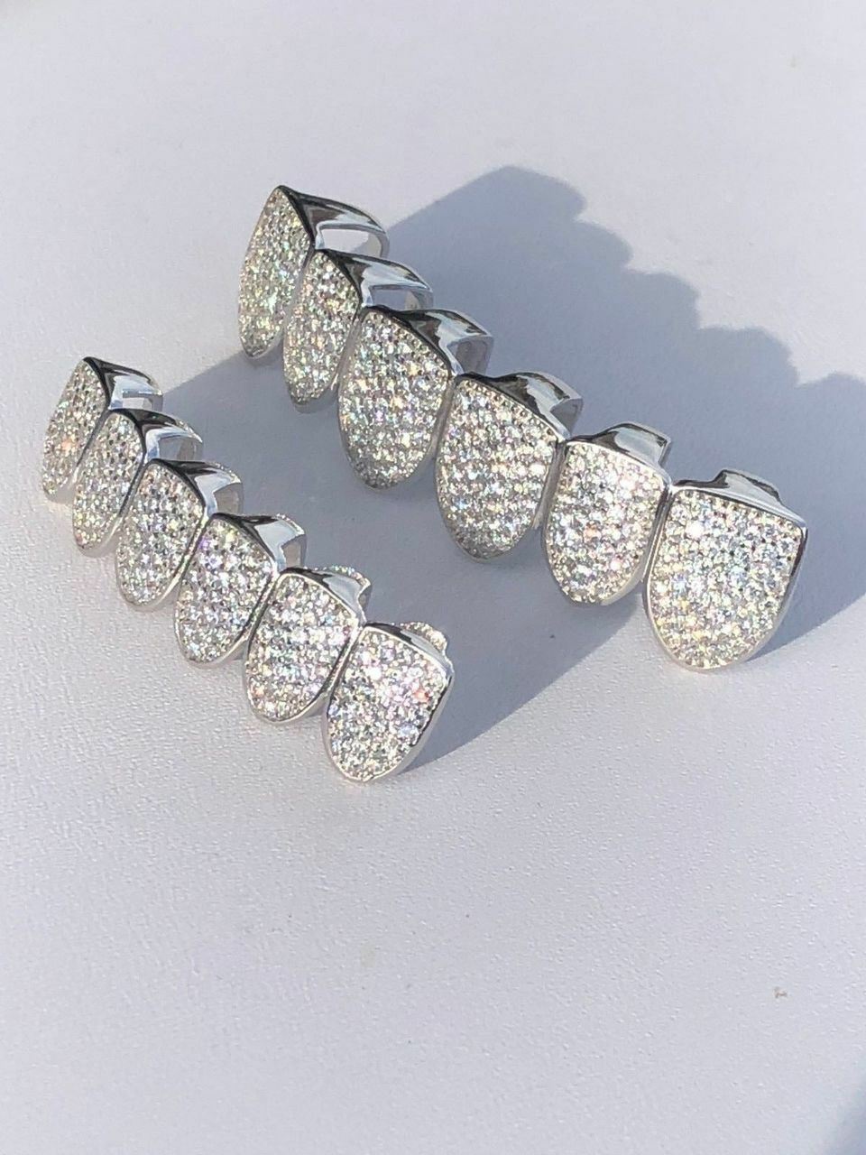 MOISSANITE GRILLZ Passes Test Teeth Top & Bottom Hip Hop 925 Silver Iced Rapper
