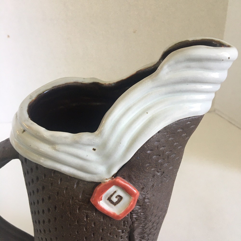 Ceramic Pitcher Basket Weave Textured Studio Pottery with Makers Mark 11" Tall