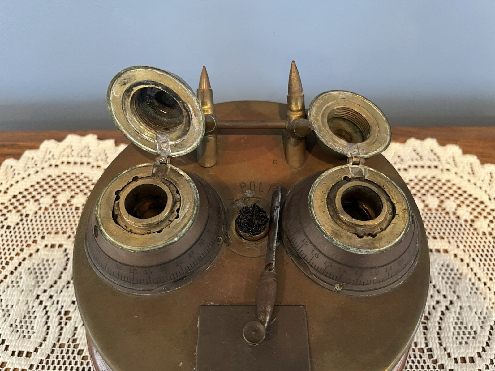 Antique WWI German Trench Art Desk Set Artillery Shell Fuse Ink Wells/Pen Holder