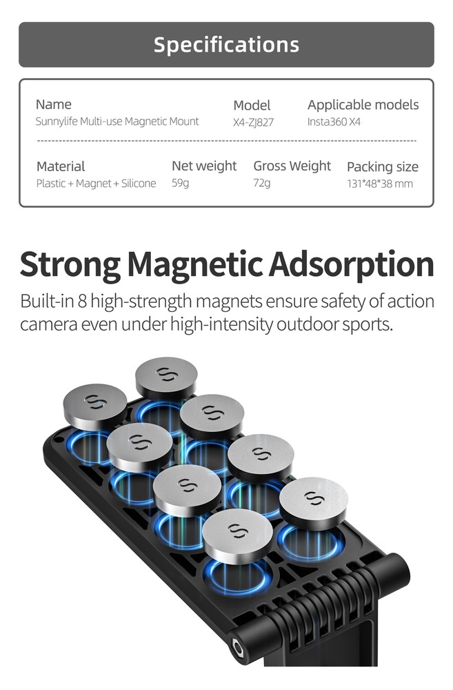 For Insta360 X4 Magnetic Adjustable Angle Base Camera Handle Scene Stand Black