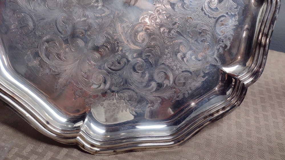 Vintage Crafton Frank Hawker Ltd, Silver Plate Monogrammed Serving Tray 14 1/8"