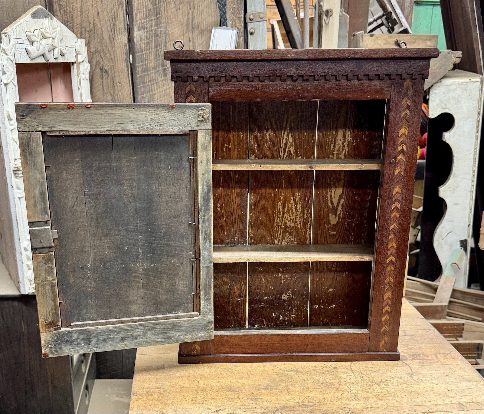 Antique Victorian Medicine Cabinet w/ Inlay Wood Wall Cabinet Original Mirror
